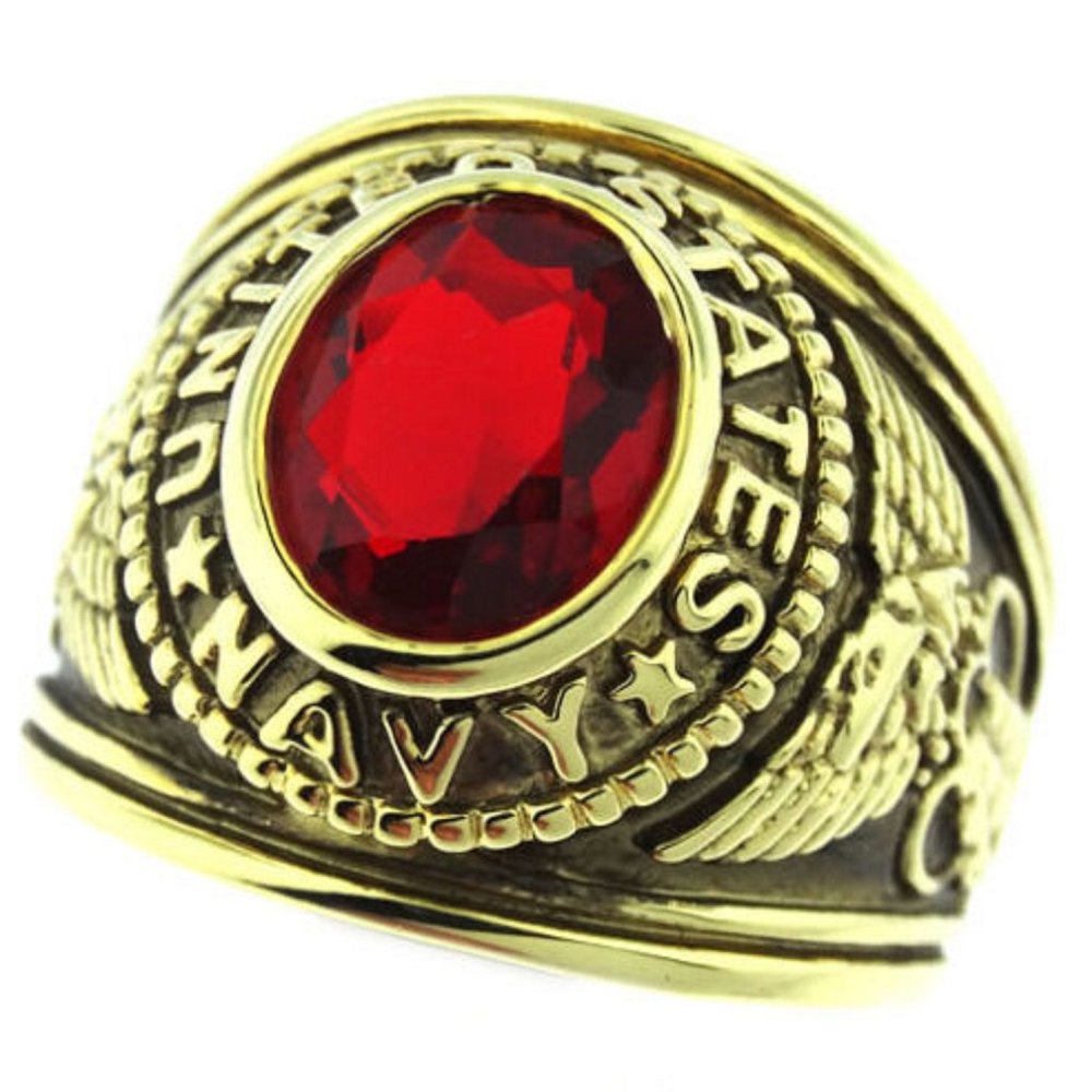 US Navy Red and Gold Military Ring crystal18 kt gold NWT